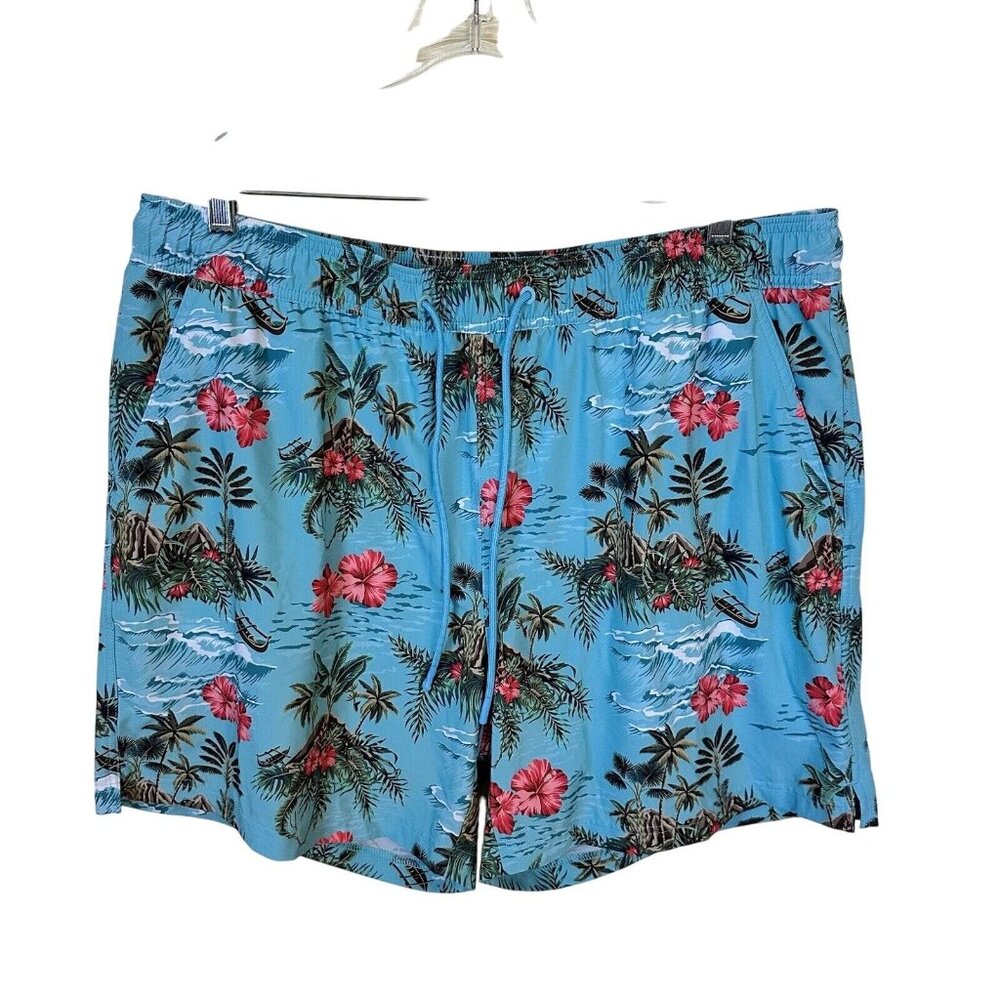 Caribbean Swimwear Mens Swim Trunks Shorts XL Blue Tropical Hibiscus Super Soft